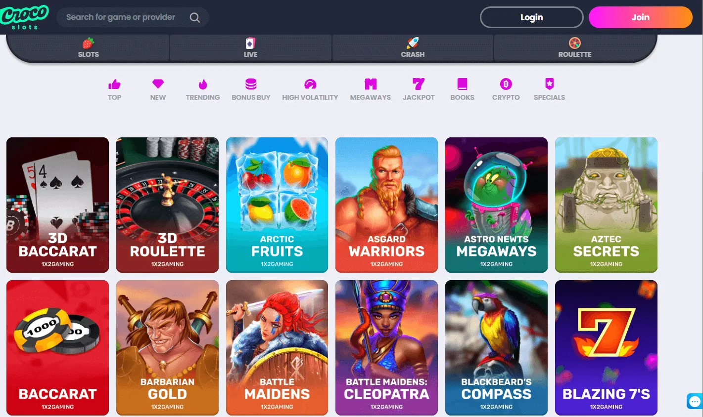 Crocoslots Casino game library on desktop